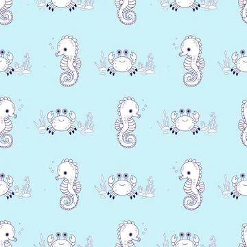 Seamless Pattern. Outline Cute Sea Seahorse and Crab with algae on light bl.. Stock Illustration