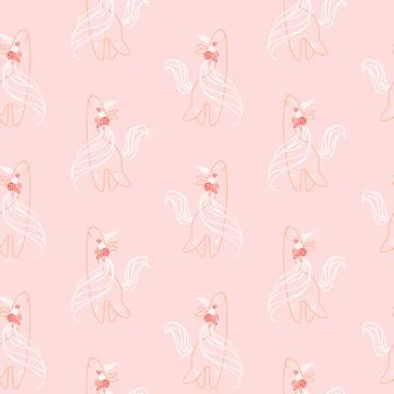 Seamless pattern with outline cute unicorns with flowers on light pink Stock Illustration