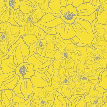 Seamless pattern with outline daffodil flowers on yellow illuminating. Stock Illustration
