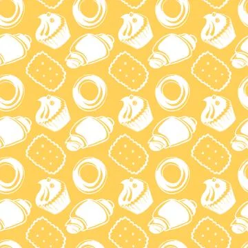 Seamless pattern outline delicious pastries, cookies, croissants, biscuits in Stock Illustration