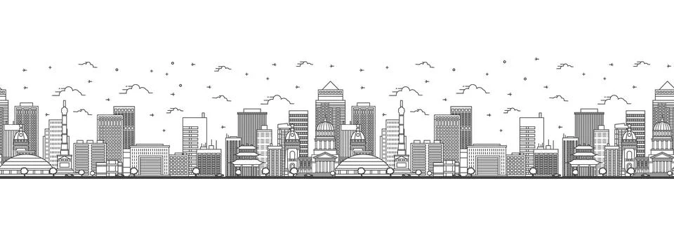 Seamless pattern with outline Des Moines Iowa City Skyline. Modern Building.. Stock Illustration