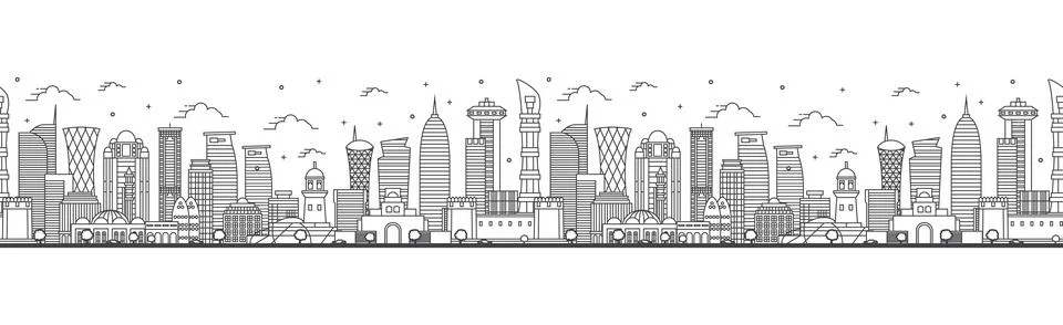 Seamless pattern with outline Doha Qatar City Skyline with Modern Buildings.. Stock Illustration
