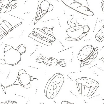 Seamless pattern of outline doodle icons for tea party. Stock Illustration