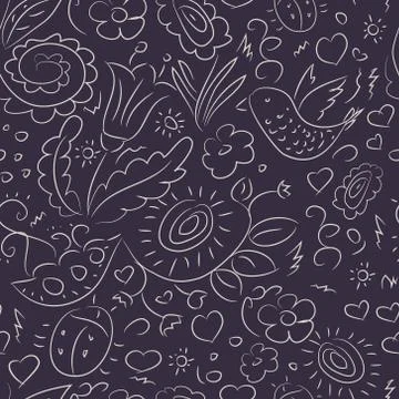 Seamless pattern outline doodles bird flowers Stock Illustration