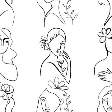 Seamless pattern. Outline drawing of abstract girls with flowers. Minimalistic Illustration