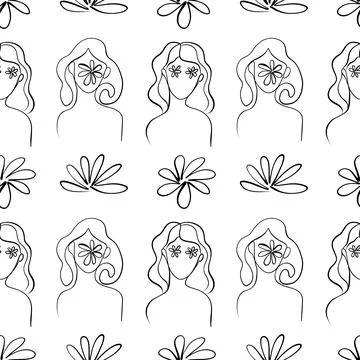 Seamless pattern. Outline drawing of abstract girls with flowers. Minimalistic Stockillustratie