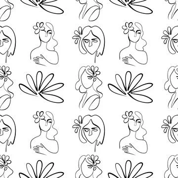 Seamless pattern. Outline drawing of abstract girls with flowers. Minimalistic Иллюстрация