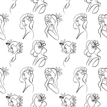 Seamless pattern. Outline drawing of abstract girls with flowers. Minimalistic Иллюстрация