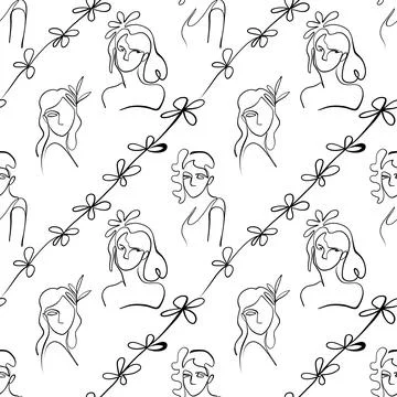 Seamless pattern. Outline drawing of abstract girls with flowers. Minimalistic Illustration