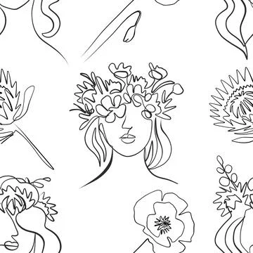 Seamless pattern. Outline drawing of abstract girls with flowers. Minimalistic 库存插图