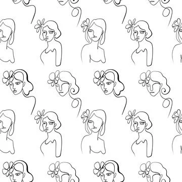 Seamless pattern. Outline drawing of abstract girls with flowers. Minimalistic Stock-Illustration