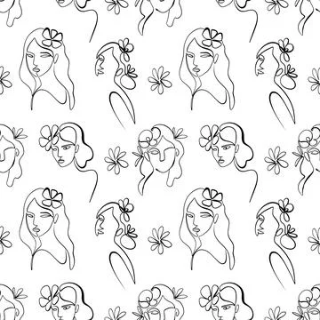 Seamless pattern. Outline drawing of abstract girls with flowers. Minimalistic Illustrazione stock