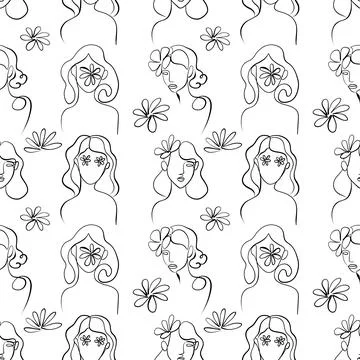 Seamless pattern. Outline drawing of abstract girls with flowers. Minimalistic Stock-Illustration