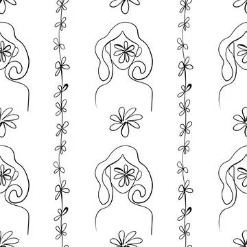 Seamless pattern. Outline drawing of abstract girls with flowers. Minimalistic Illustrazione stock