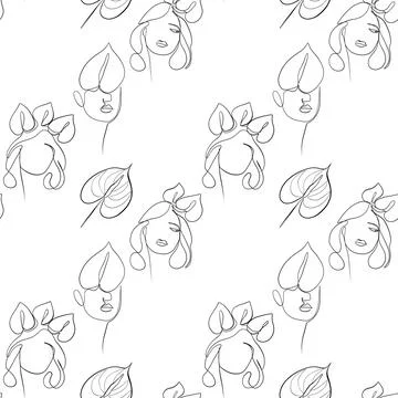Seamless pattern. Outline drawing of abstract girls with flowers. Minimalistic 库存插图