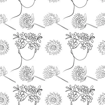 Seamless pattern. Outline drawing of abstract girls with flowers. Minimalistic Illustration