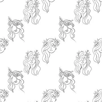 Seamless pattern. Outline drawing of abstract girls with flowers. Minimalistic Illustrazione stock
