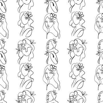 Seamless pattern. Outline drawing of abstract girls with flowers. Minimalistic Stockillustratie