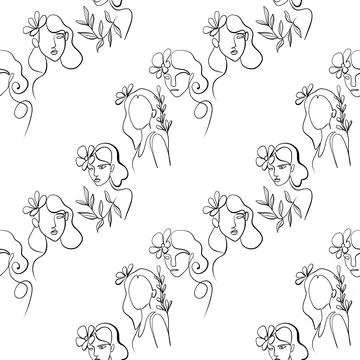Seamless pattern. Outline drawing of abstract girls with flowers. Minimalistic 库存插图