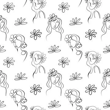 Seamless pattern. Outline drawing of abstract girls with flowers. Minimalistic 库存插图