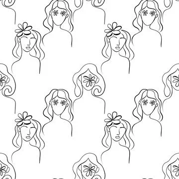 Seamless pattern. Outline drawing of abstract girls with flowers. Minimalistic 库存插图