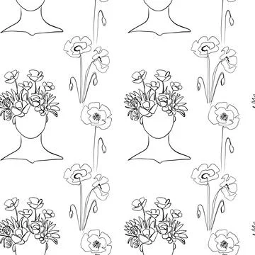 Seamless pattern. Outline drawing of abstract girls with flowers. Minimalistic Stock Illustration