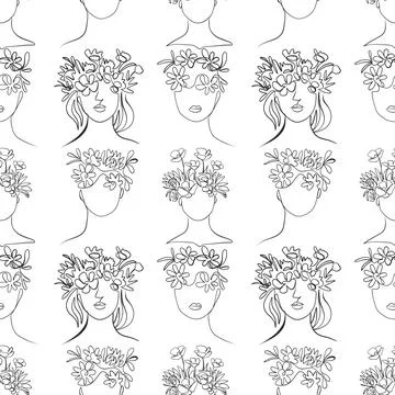 Seamless pattern. Outline drawing of abstract girls with flowers. Minimalistic Stock Illustration