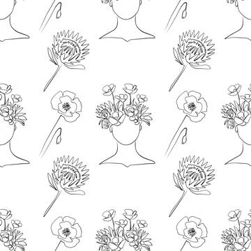 Seamless pattern. Outline drawing of abstract girls with flowers. Minimalistic Stock Illustration