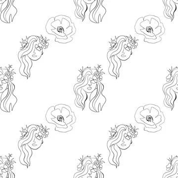 Seamless pattern. Outline drawing of abstract girls with flowers. Minimalistic Stock Illustration