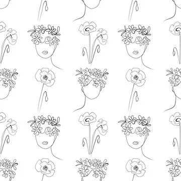 Seamless pattern. Outline drawing of abstract girls with flowers. Minimalistic Stock Illustration