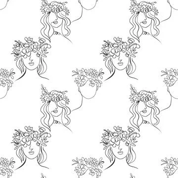 Seamless pattern. Outline drawing of abstract girls with flowers. Minimalistic Stock Illustration