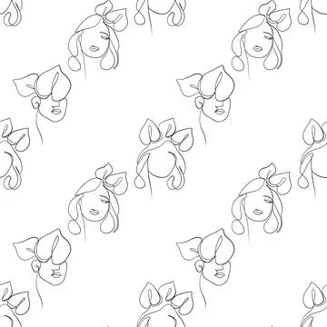 Seamless pattern. Outline drawing of abstract girls with flowers. Minimalistic Stock Illustration