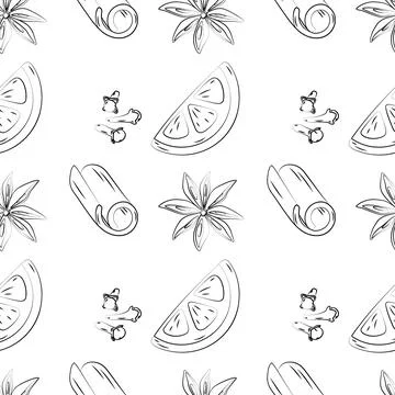 Seamless pattern of outline drawing of slice of citrus, glows, cinnamon and Star Stock Illustration