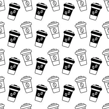 Seamless pattern of outline drawn and silhouette disposable cups with lid and Illustrazione stock