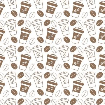 Seamless pattern of outline drawn disposable coffee cups and coffee beans in Illustrazione stock