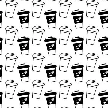 Seamless pattern of outline drawn disposable coffee cups. Abstract background in Stock Illustration