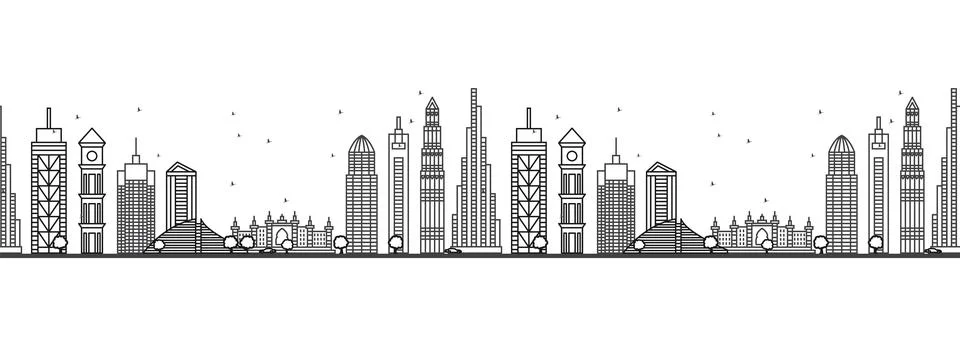 Seamless pattern with outline Dubai UAE Skyline. Modern Buildings. Line Art.. Ilustración de archivo