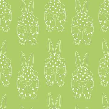 Seamless Pattern of Outline Easter Bunny behind Easter Egg with tied ribbon bow 库存插图