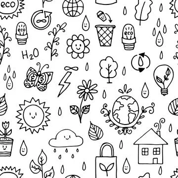 Seamless pattern with outline eco icons and recycles symbols. Save the plan.. Stock Illustration