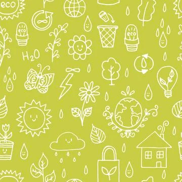 Seamless pattern with outline eco icons and recycles symbols. Save the plan.. Stock Illustration