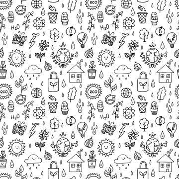 Seamless pattern with outline eco icons and recycles symbols. Save the plan.. Stock Illustration