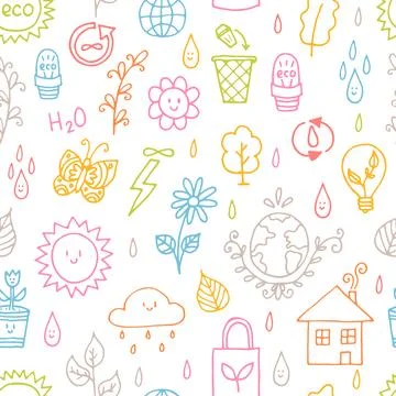 Seamless pattern with outline eco icons and recycles symbols. Save the plan.. Stock Illustration