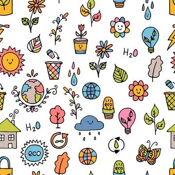Seamless pattern with outline eco icons and recycles symbols. Save the plan.. Illustrazione stock