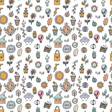 Seamless pattern with outline eco icons and recycles symbols. Save the plan.. Stock Illustration