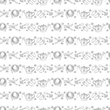 Seamless pattern with outline flowers and garden equipments: watering can, ra Stock Illustration