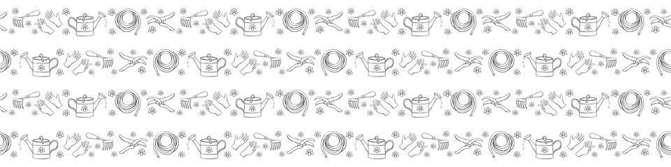 Seamless pattern with outline flowers and garden equipments: watering can, ra Stock-Illustration