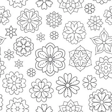 Seamless pattern with outline flowers for coloring book. Beautiful floral Stock Illustration