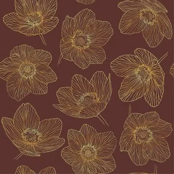 Seamless pattern outline flowers dryas, gold gradient line vinous background Illustrazione stock