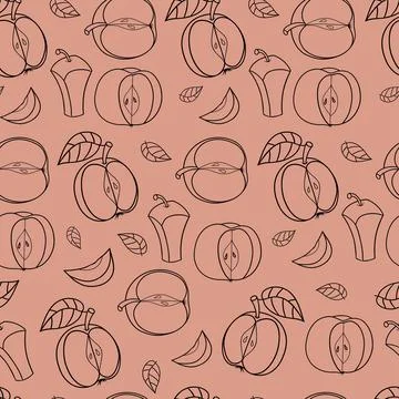 Seamless pattern with outline fruit Apple. Line hand drawing. Vector illust.. Stock Illustration