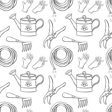 Seamless pattern with outline garden equipments: watering can, rake, hoe, glo Stock Illustration